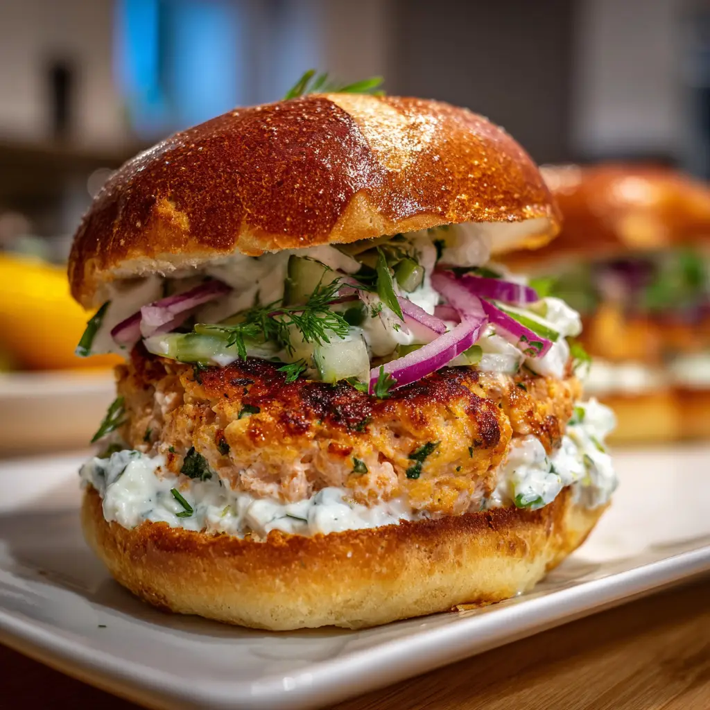 Salmon Burgers with Tzatziki