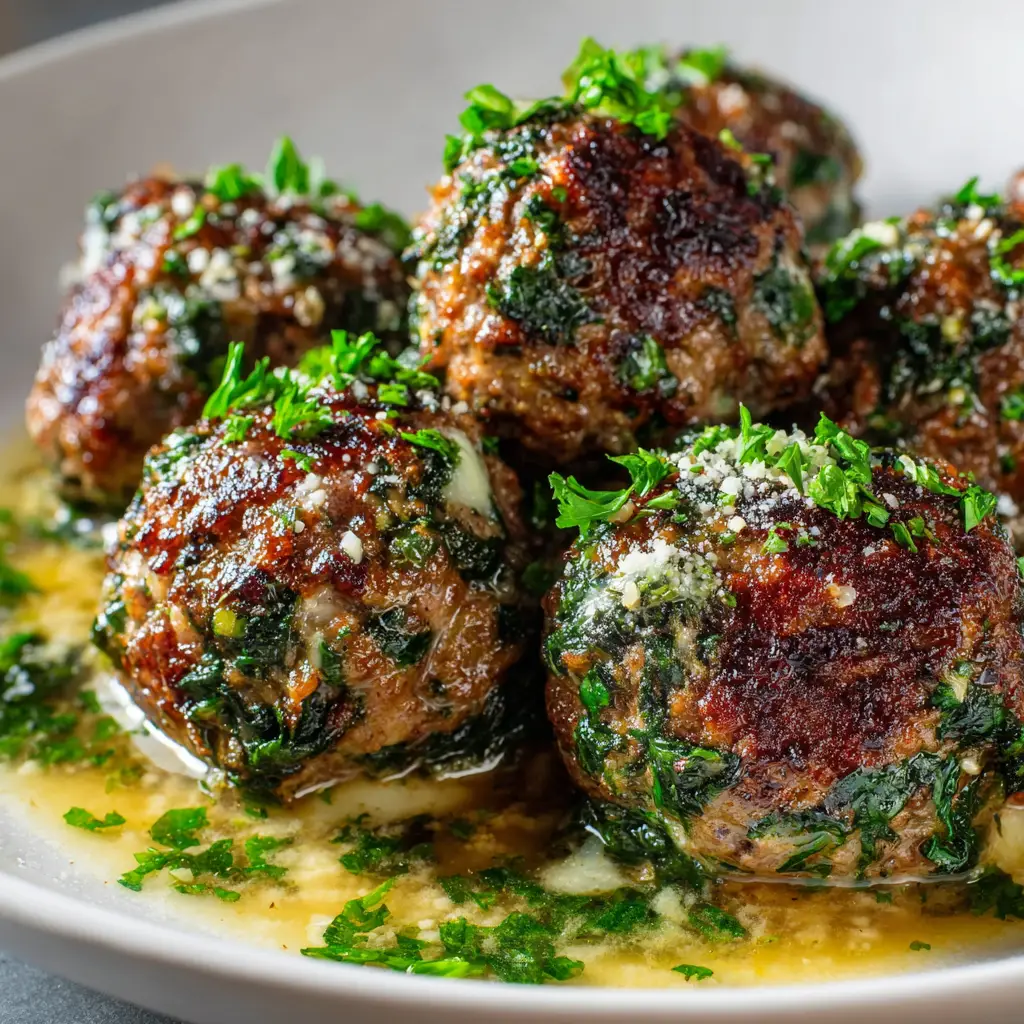 Spinach Garlic Meatballs Stuffed with Mozzarella