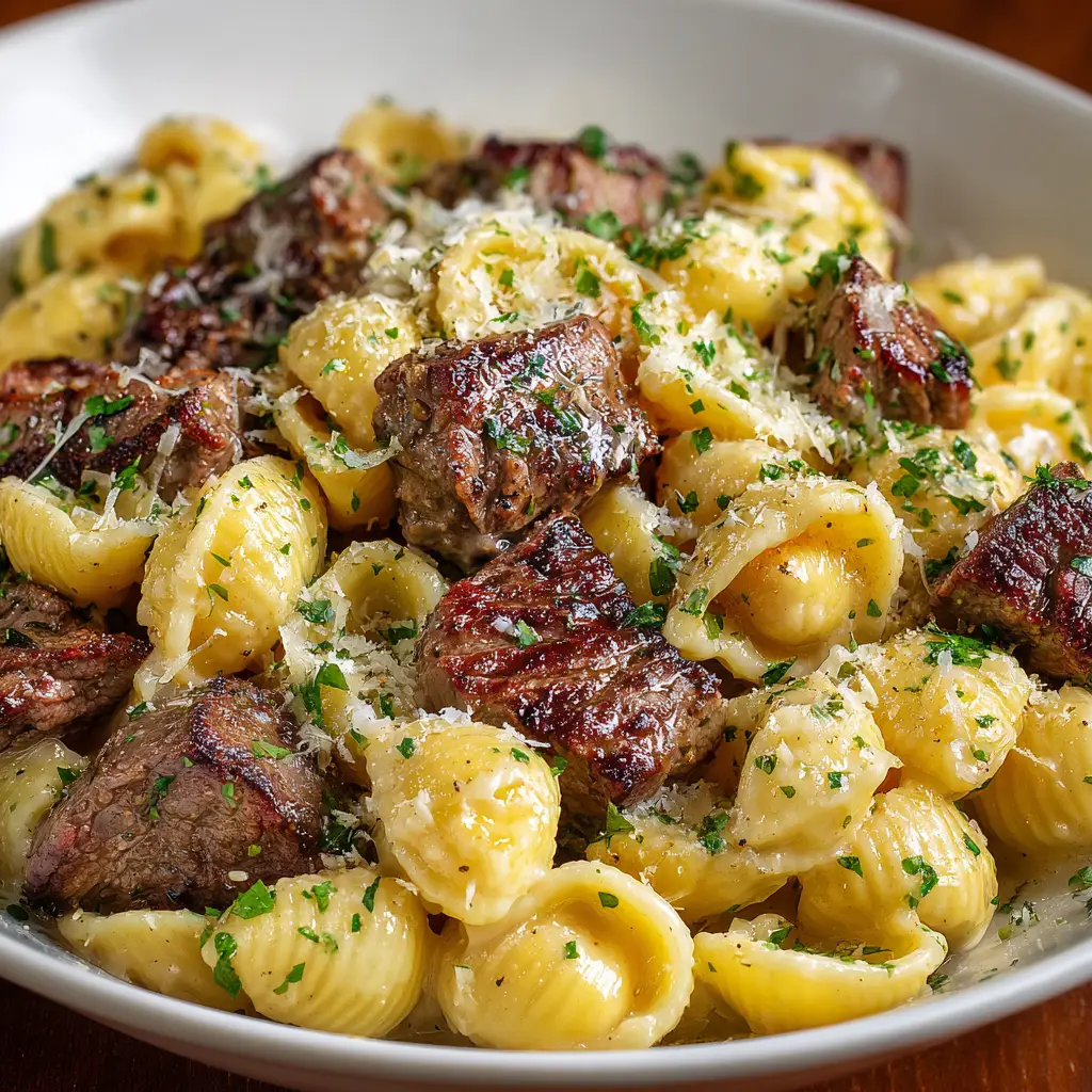 Steak Bites and Shell Pasta in Garlic Butter Alfredo Sauce