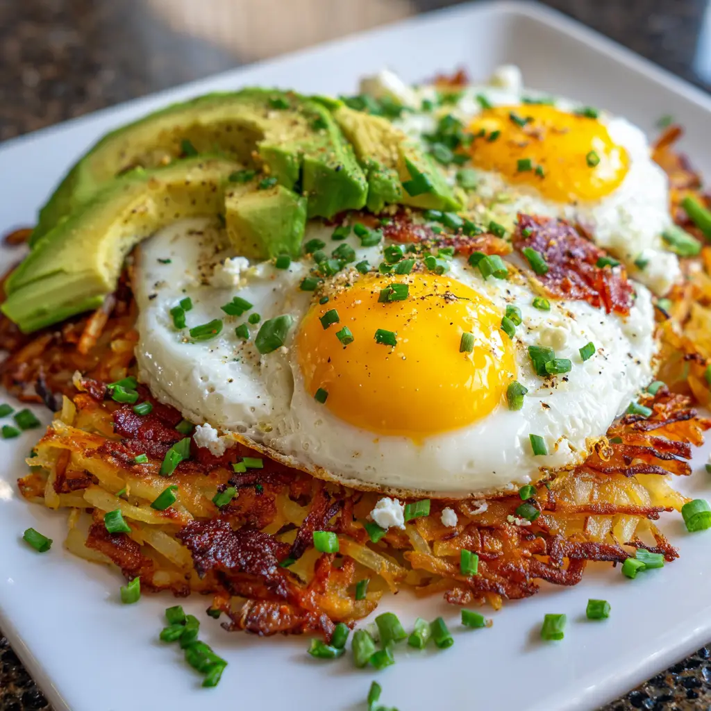 Loaded Hash Browns with Scrambled Eggs, Avocado, and Cottage Cheese